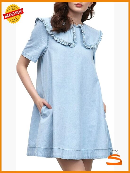 Dresses & Skirts - Babydoll Mini Denim Dress with Peter Pan Collar & Pockets